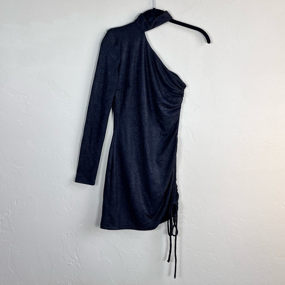 Hours x Revolve Metallic Black One Sleeve Choker Neck Bodycon Mini Dress